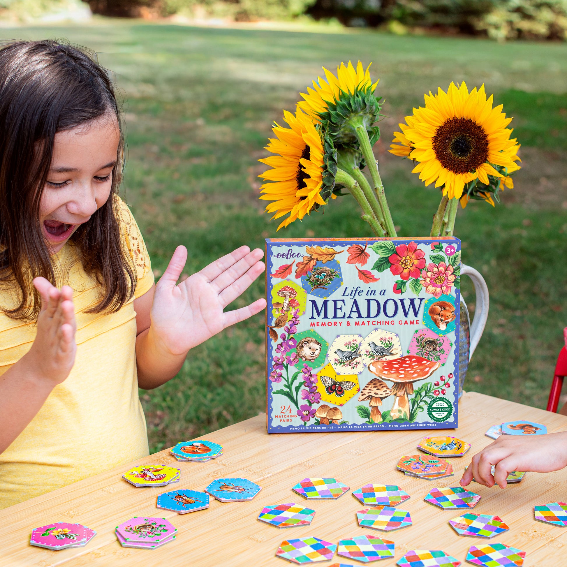 Life in a Meadow Memory & Matching Game with colorful hexagon tiles and sunflowers