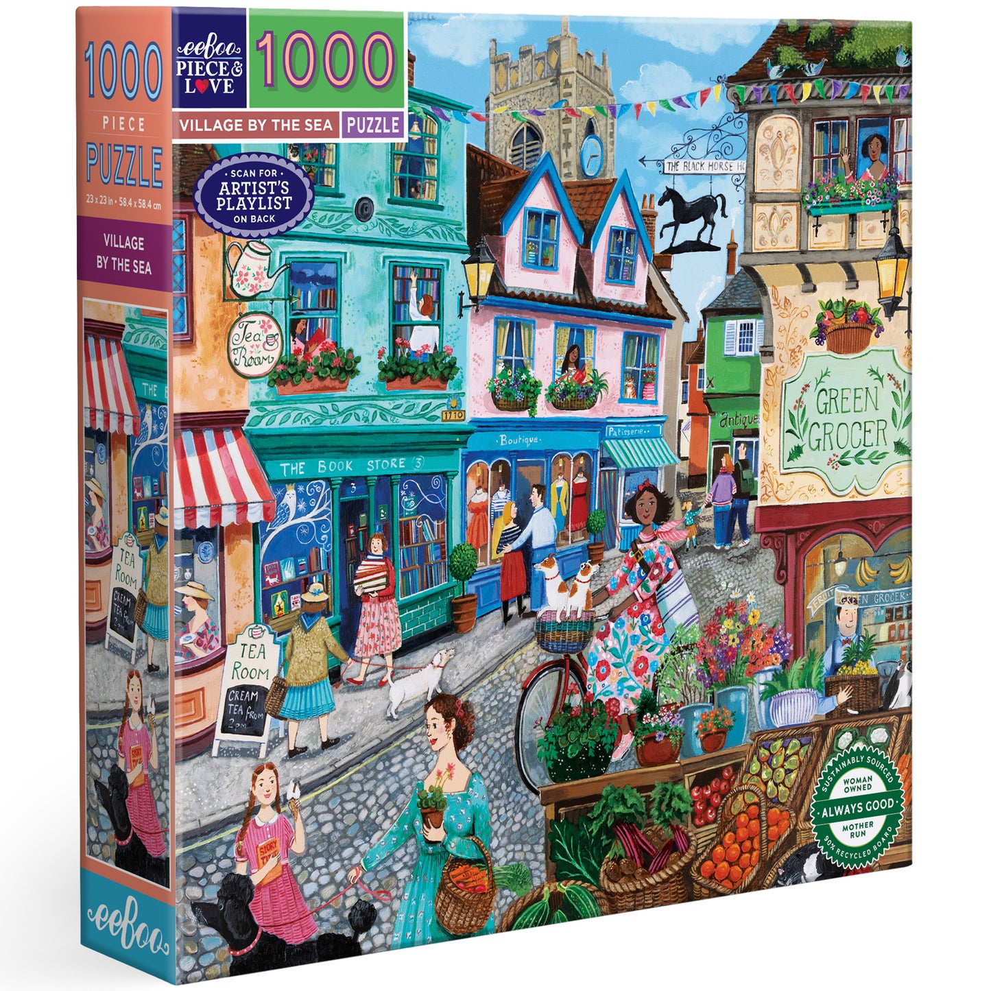eeBoo Village By The Sea 1000-piece puzzle box featuring colorful coastal town illustration with shops and characters
