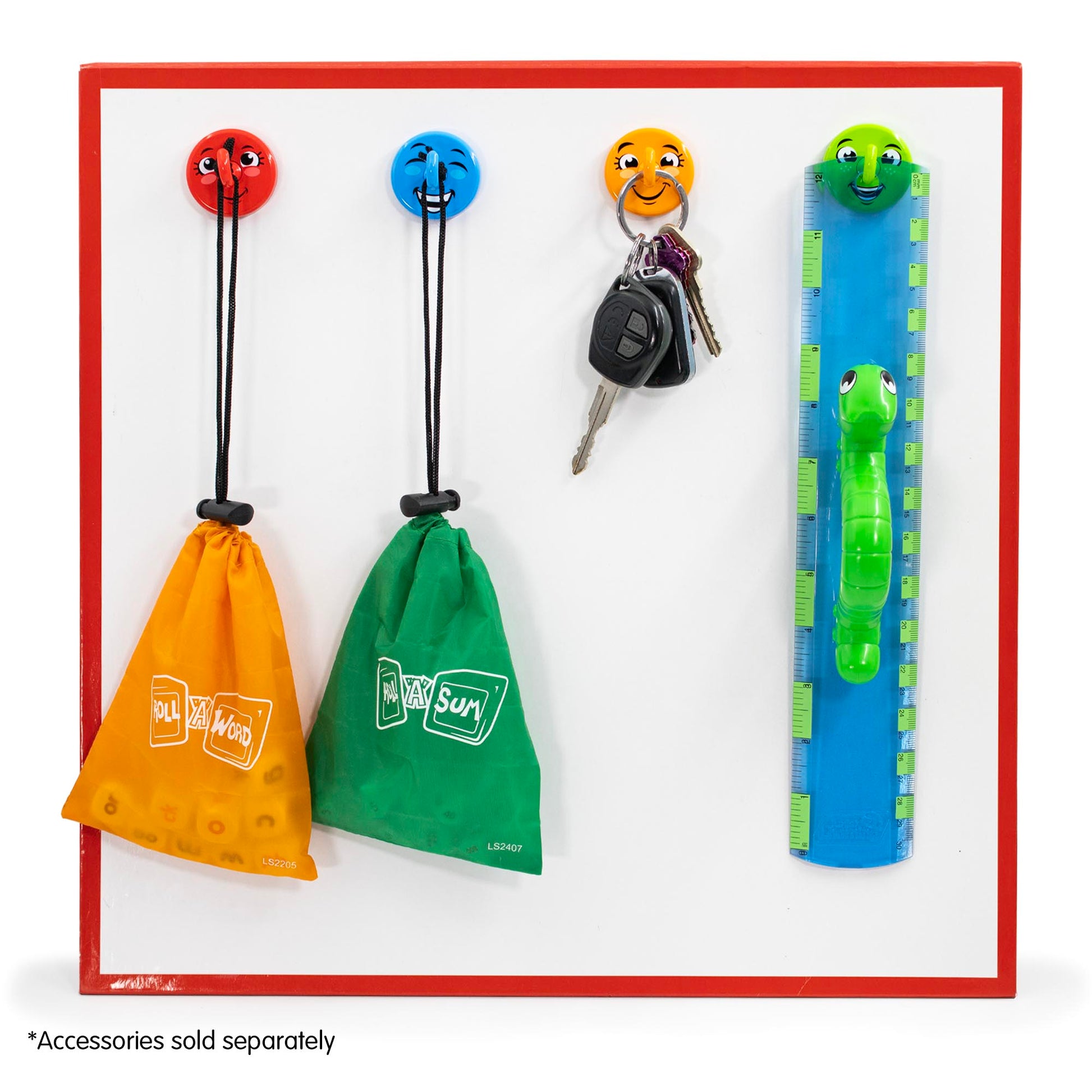 Happy Hooks organizer with colorful face-topped hooks in red, blue, orange, and green