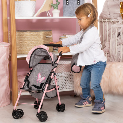 Bayer Design Doll Buggy - Play Stroller, Grey with Pink Butterfly Motif