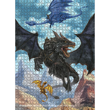 Eurographics Fourth Wing Violet Dragon Rider 1000 piece jigsaw puzzle featuring dark dragon and blue sky