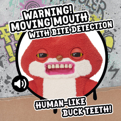 Fugglers Sketchy Squirrel red and white plush toy with buck teeth and moving mouth