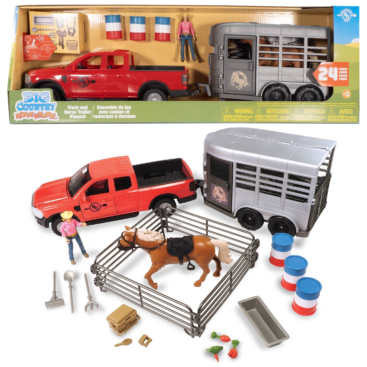 Truck & Horse Trailer Playset - 24pc red truck, gray trailer, brown horse, figures and accessories