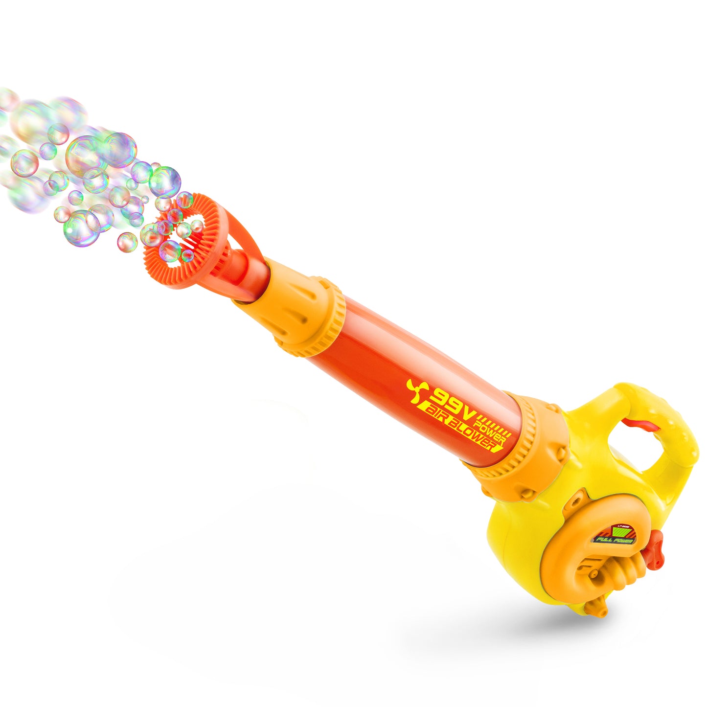 Air Bubbler toy in red and yellow with bubbles streaming from the wand