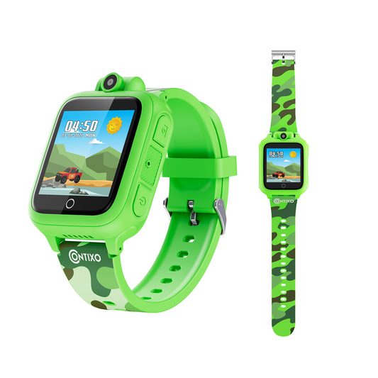 Contixo kids smart watch with bright green case and camouflage strap, displaying landscape scene with sun and vehicle on screen, shown front view and side view