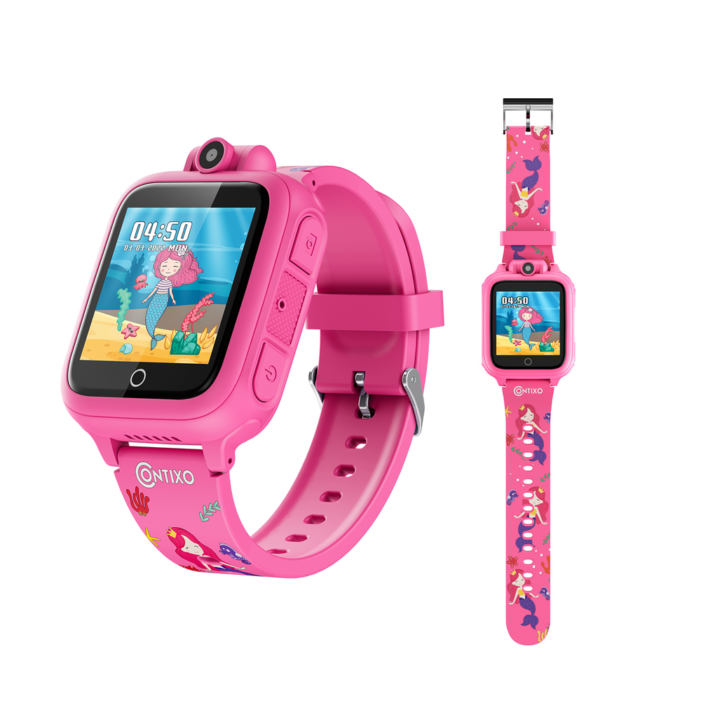 Pink Contixo kids smartwatch with HD touchscreen displaying mermaid design, shown front-on and from side angle with matching colorful mermaid-patterned band