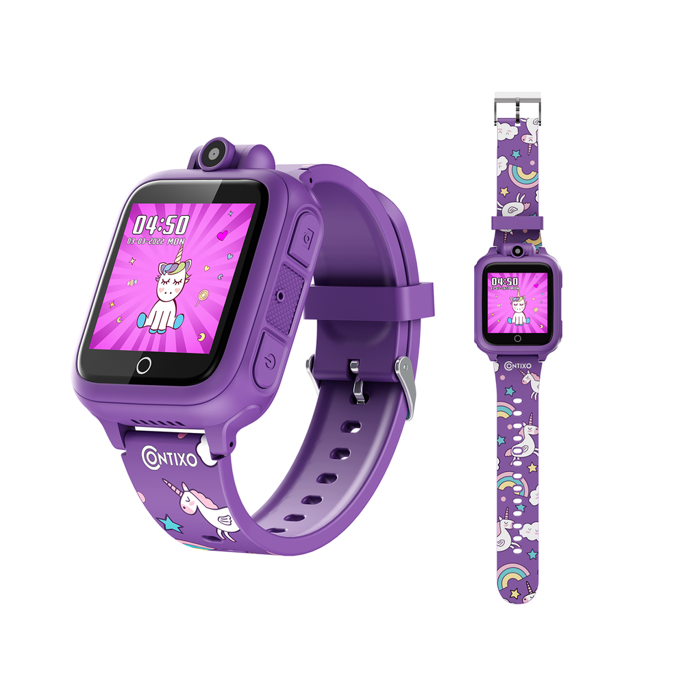 Contixo kids smart watch in purple with unicorn and rainbow band pattern, shown front and side view with interchangeable strap