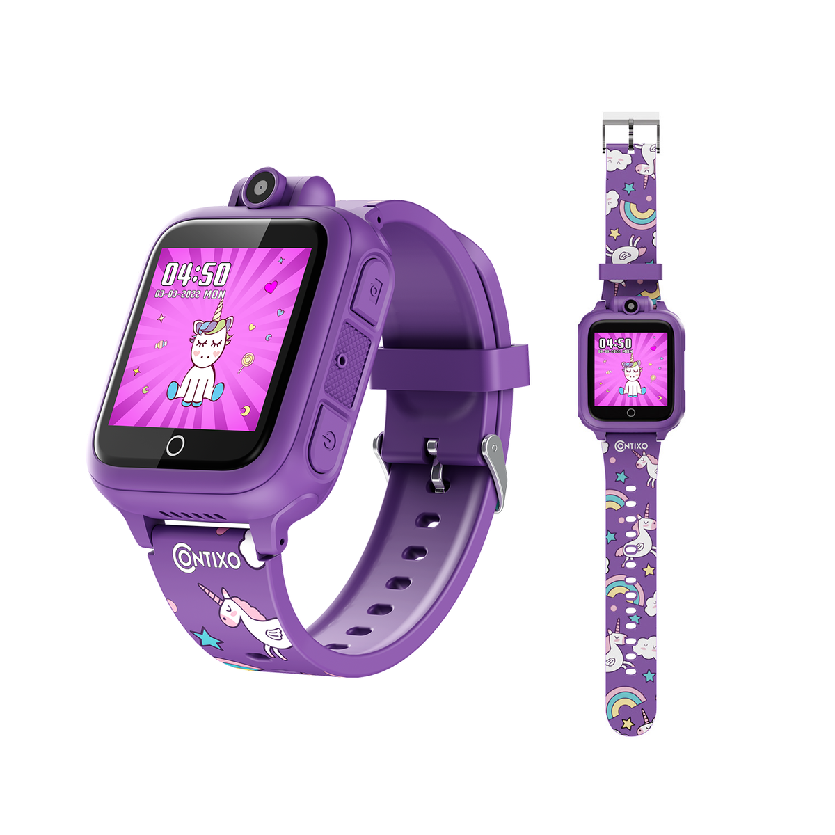Contixo kids smart watch in purple with unicorn and rainbow band pattern, shown front and side view with interchangeable strap