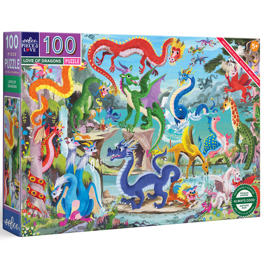 100 Piece Love of Dragons Puzzle featuring colorful dragons in vibrant fantasy landscape scene