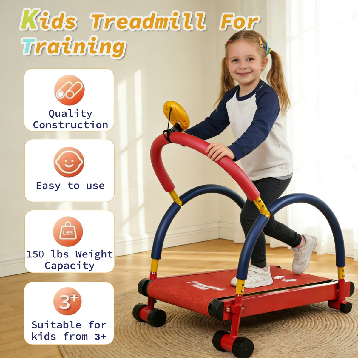 Girl using red kids treadmill with blue handles and digital fitness tracker display