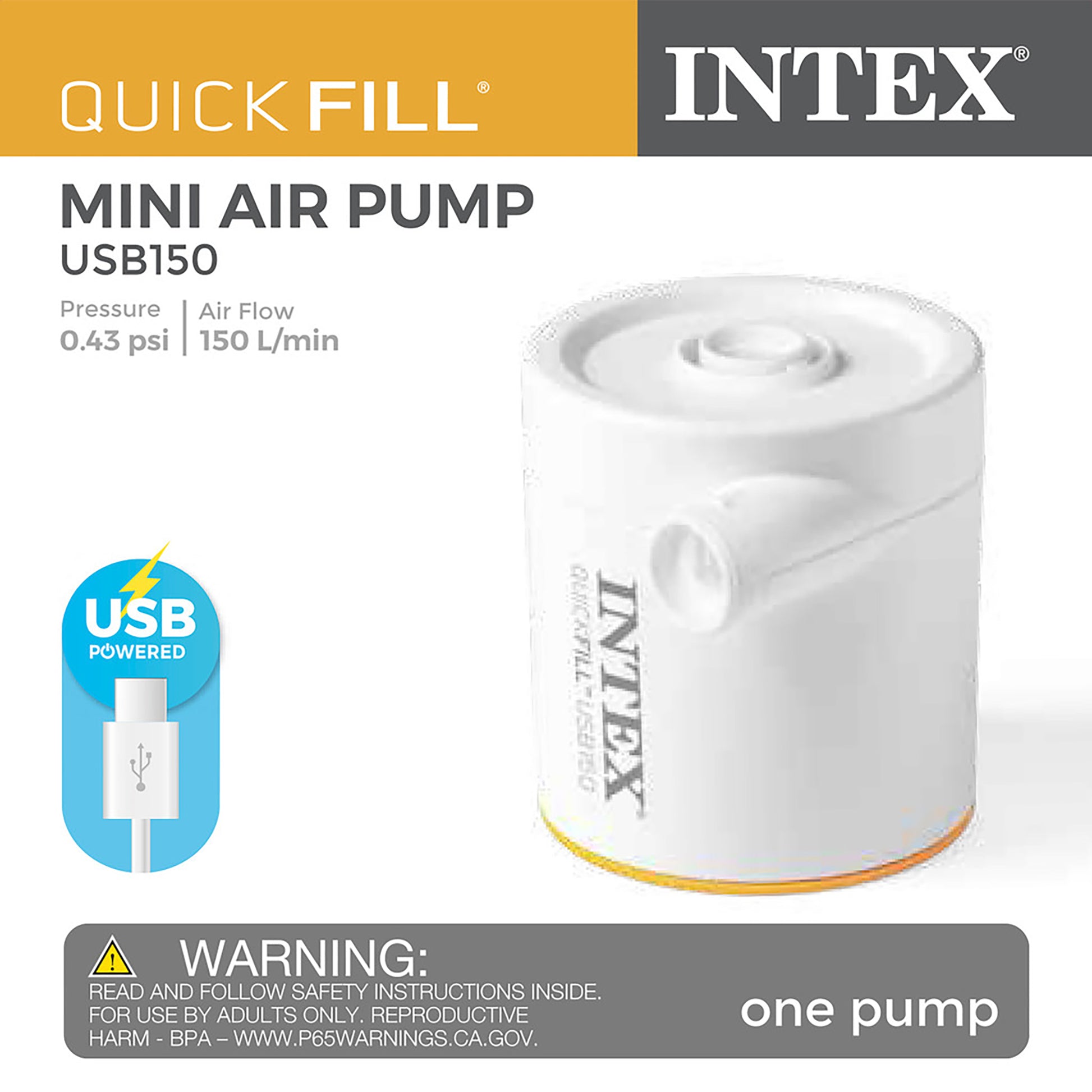 Intex Quick Fill USB150 Mini Air Pump - White portable electric pump with USB power