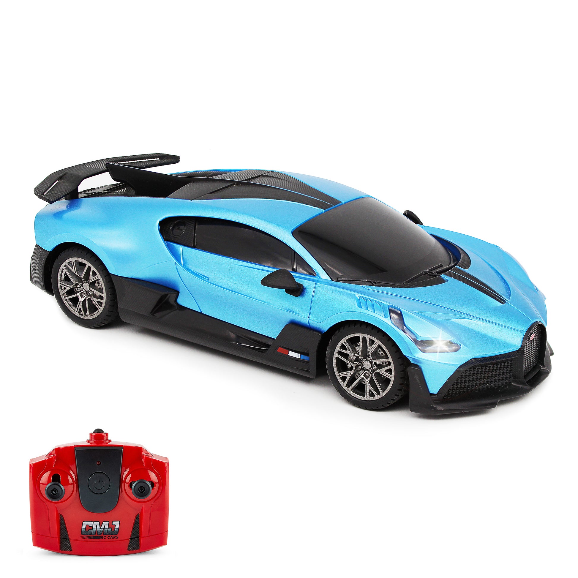Blue Bugatti Divo remote control car with opening door and black rear wing, shown with red CMJ RC remote control.