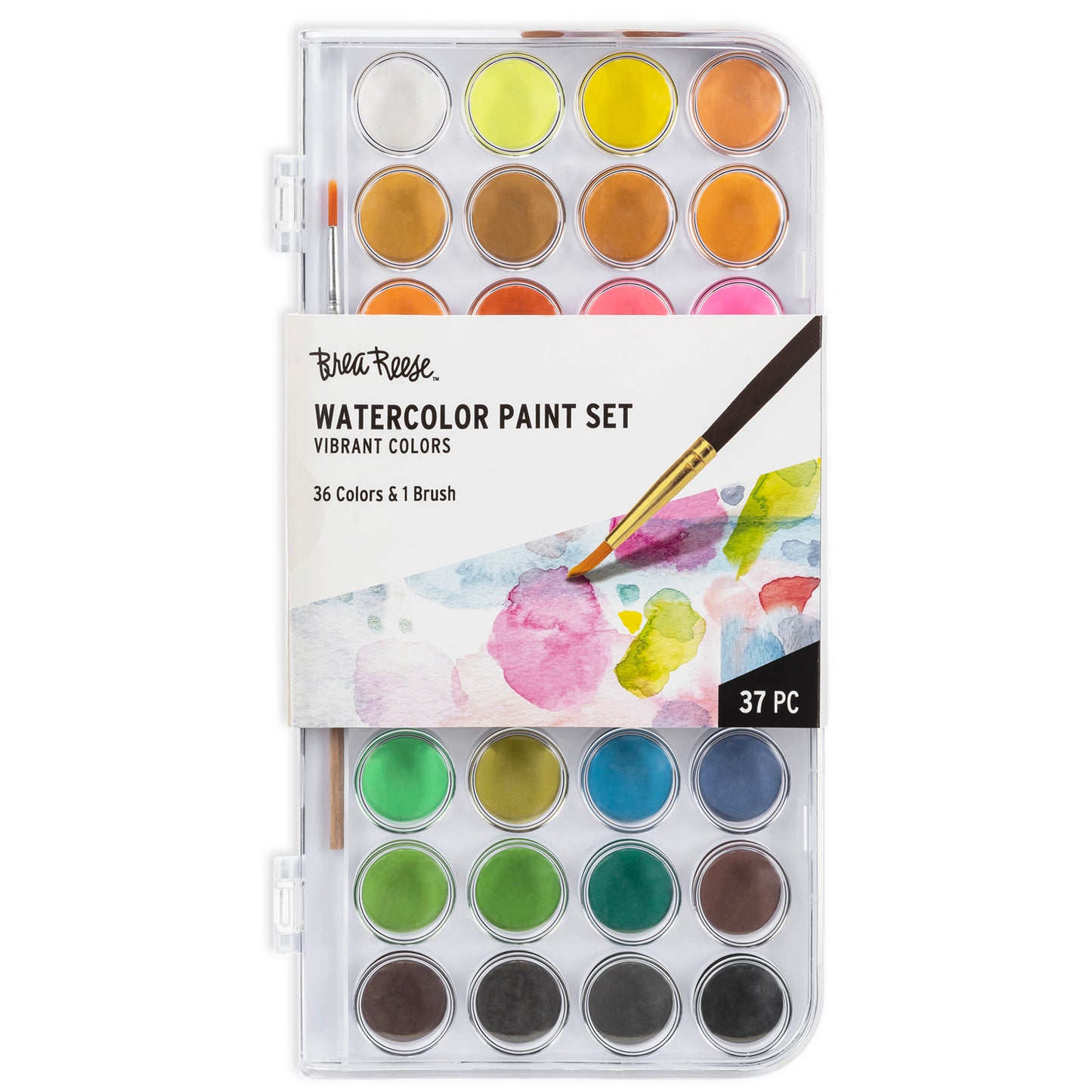 Brea Reese Watercolor Paint Set with 36 vibrant colors and brush in clear case