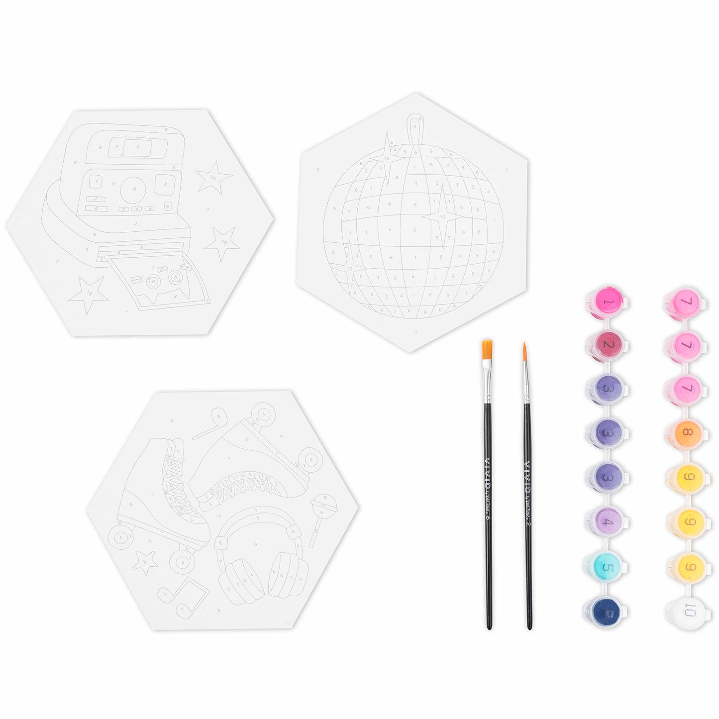 Mini Paint By Number Hexagon Retro 70s set with three hexagon canvases, paintbrushes, and colorful paint pots