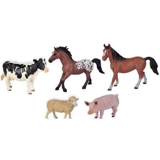 Five farm animal figurines on plain background: black and white cow, brown horse with white spotted blanket, chestnut horse, tan sheep, and pink pig