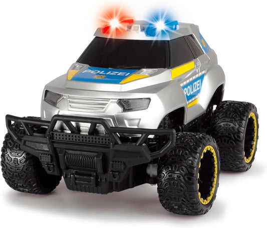 Silver and blue police SUV toy with black bumper, large black and yellow tread tires, and flashing red and blue lights on roof