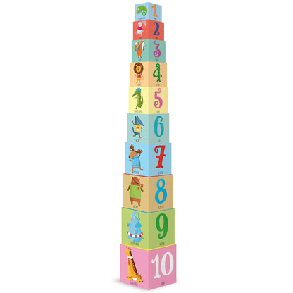 Stacked colorful cubes with numbers 1-10 and illustrated animals: giraffe, Santa, fox, lion, snake, crocodile, bat, moose, bear, elephant, and giraffe