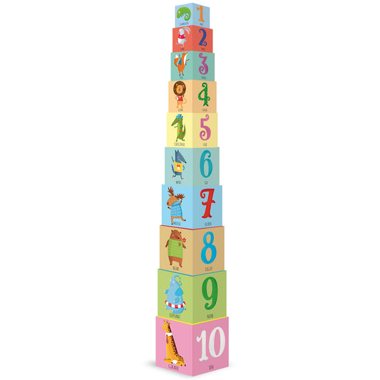 Stacked colorful cubes with numbers 1-10 and illustrated animals: giraffe, Santa, fox, lion, snake, crocodile, bat, moose, bear, elephant, and giraffe