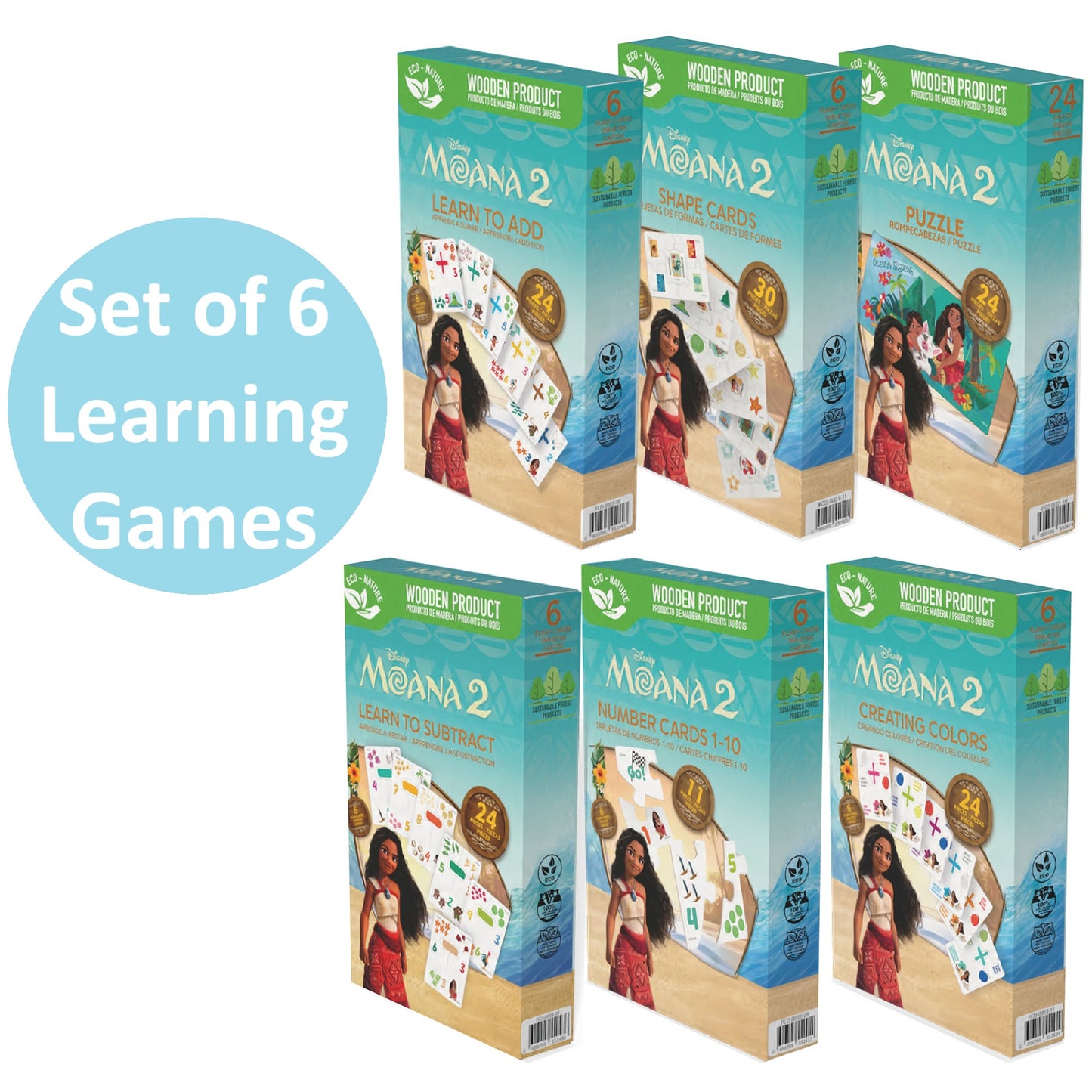 Disney Moana 2 Set of 6 Learning Games wooden educational toys with addition, subtraction, shapes, numbers, colors, a...