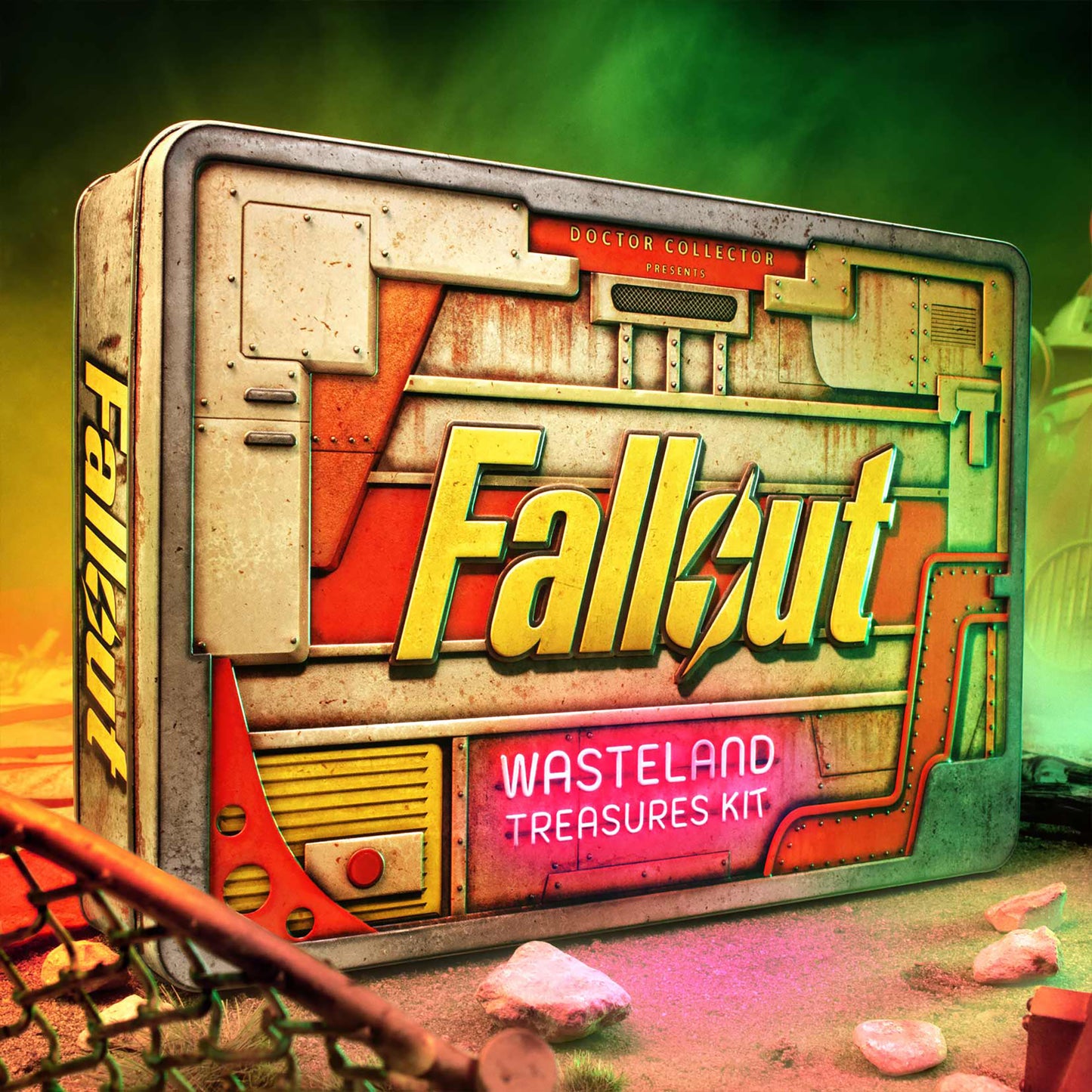 Fallout Wasteland Treasures Kit collectible box with retro metal design and yellow logo