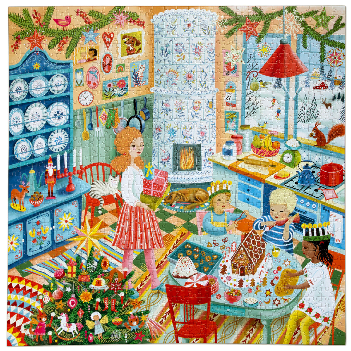 eeBoo Swedish Holiday Kitchen 1000-piece jigsaw puzzle featuring festive Scandinavian kitchen scene with woman, child...