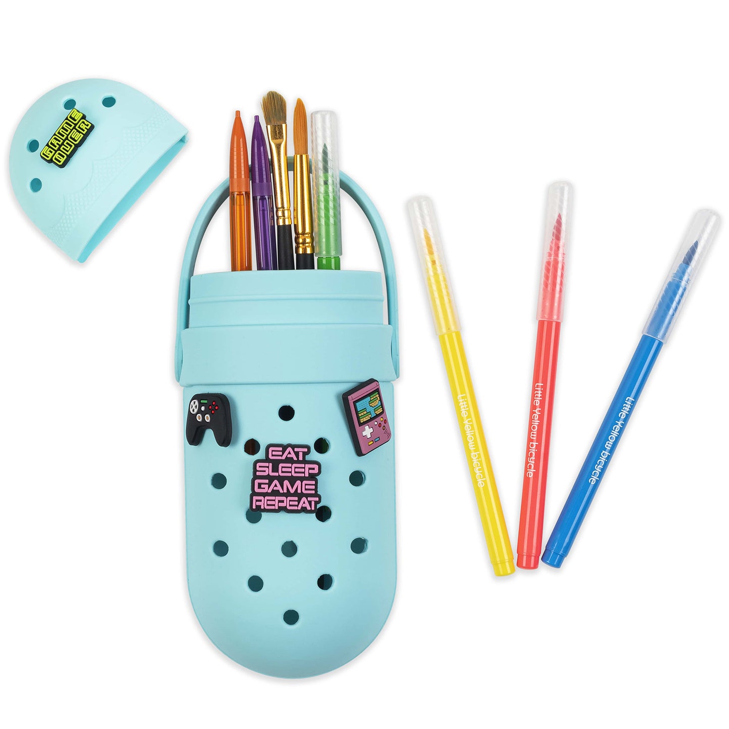 Charm Pencil Case Gaming Teal with brushes, pens and gaming-themed design