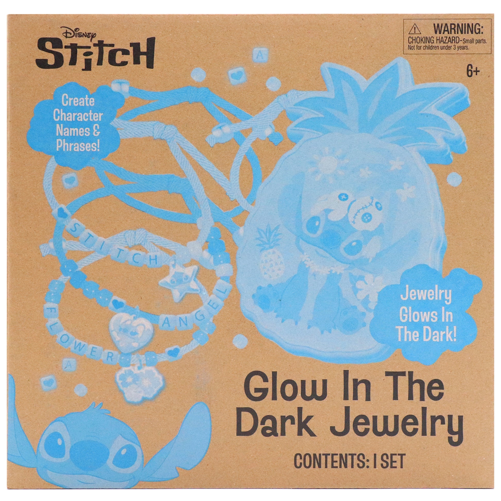 Disney Stitch Glow In The Dark Jewelry Activity Set with blue glowing beads and charms
