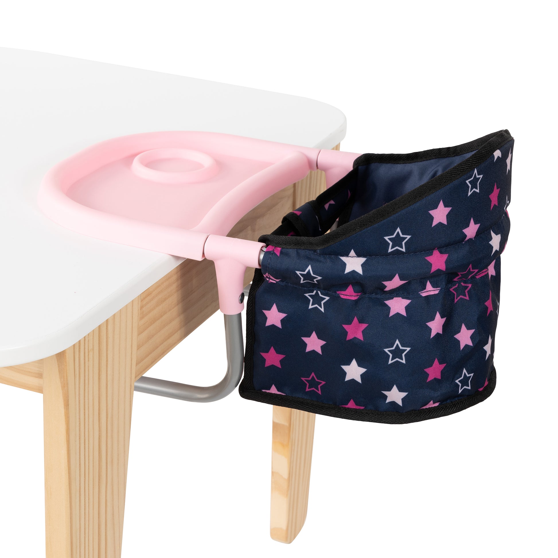 Bayer Design Dolls Table Seat with navy and pink star pattern attached to wooden chair