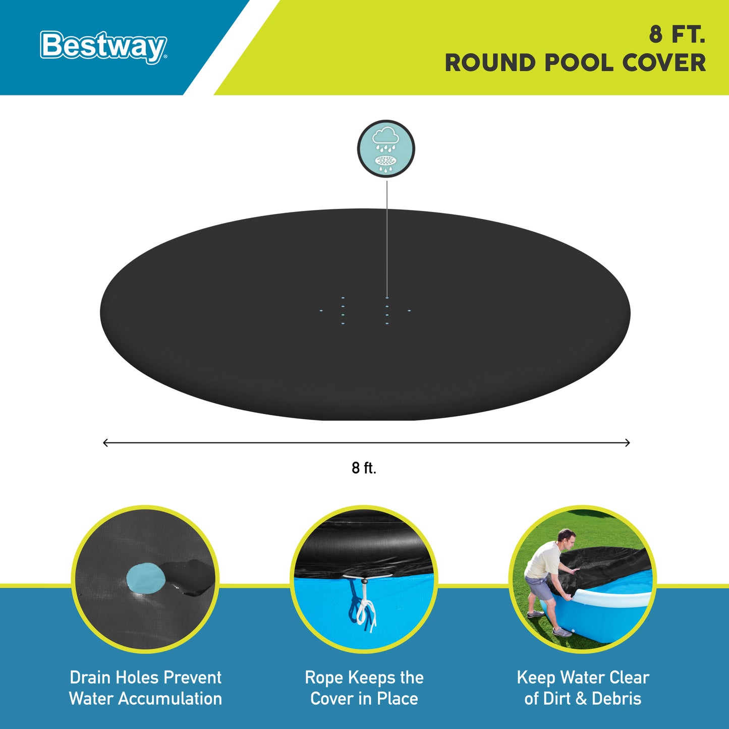 Bestway 8 ft Round Pool Cover in black with drain holes and rope fasteners