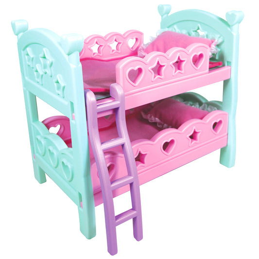 Turquoise and pink bunk bed doll furniture with heart and star cutouts, purple ladder, and bedding included