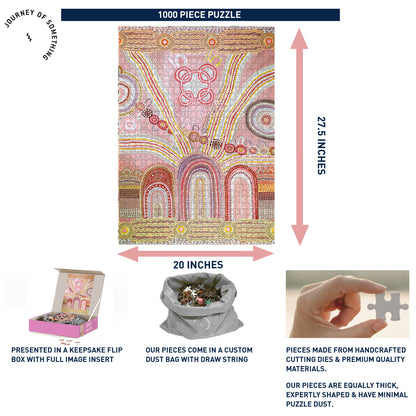 JOS Journey Home 1000 Piece Puzzle with pink and gold Aboriginal art design