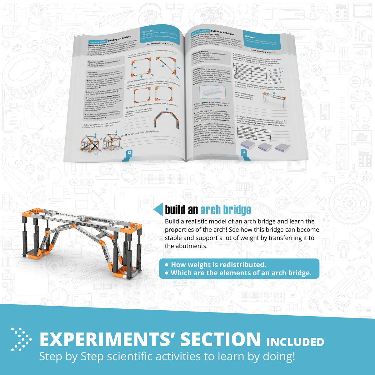 Engino STEM Architecture building set with arch bridge model, orange and gray construction pieces