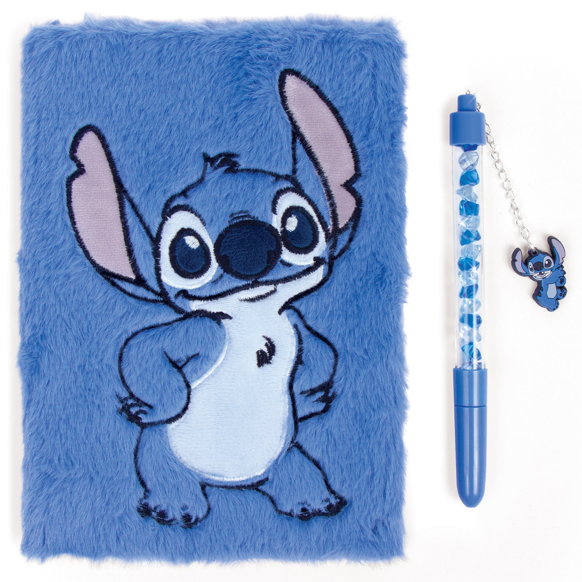 Fuzzy Cool Vibes Stitch Journal & Pen set with blue plush cover and matching pen