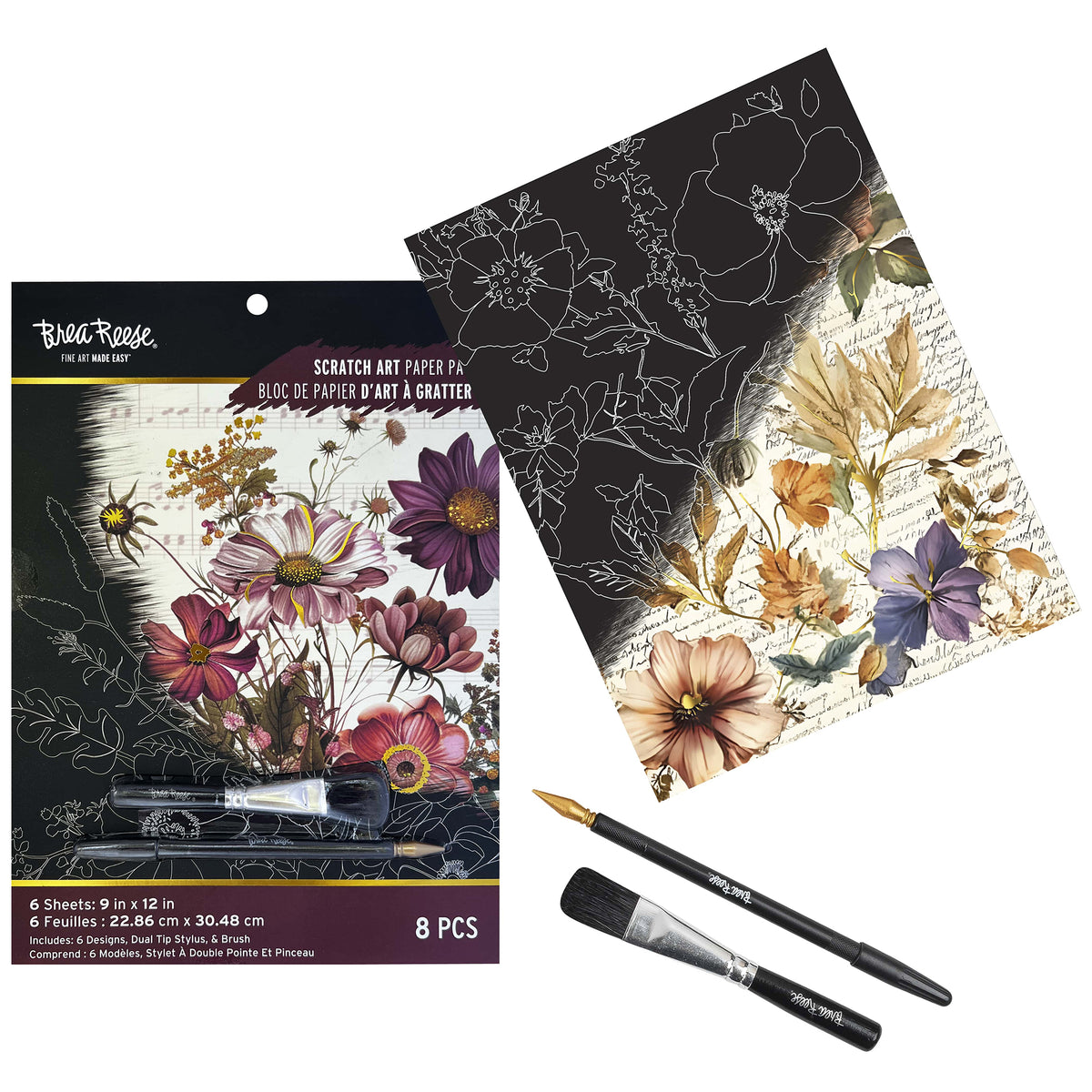 Brea Reese Scratch Art Paper Pad Woodland Songs with floral designs, brushes and stylus