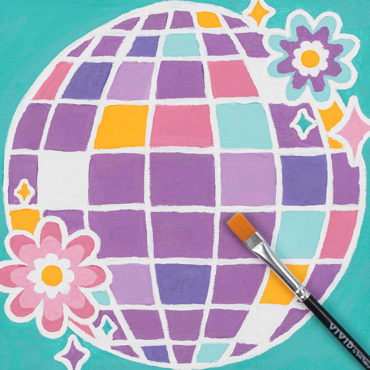 Mini Paint By Number Disco Ball craft kit with purple, pink, and yellow squares
