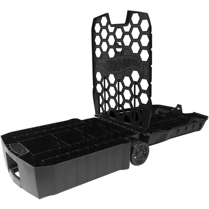 Hot Wheels 100-Car Rolling Storage Case with hexagonal honeycomb design and retractable handle