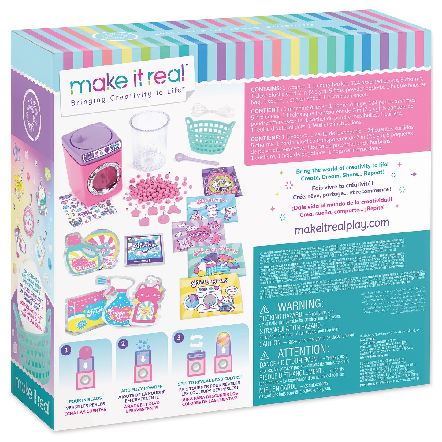 Make It Real Magical Cat Bead Washing Bracelet Kit box showing pink toy washing machine, colorful beads, laundry basket, instruction cards, and accessories for