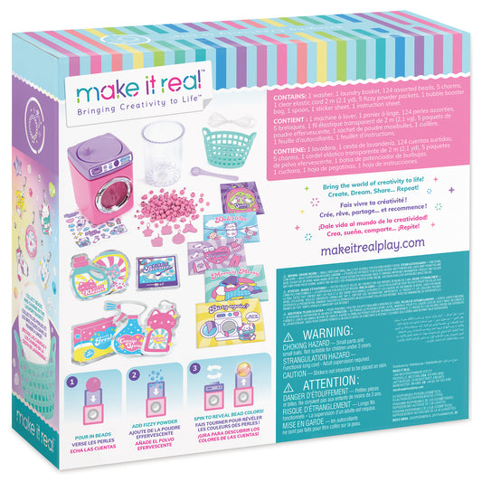 Make It Real Magical Cat Bead Washing Bracelet Kit box showing pink toy washing machine, colorful beads, laundry basket, instruction cards, and accessories for