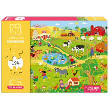TEAMPUZZLE On the Farm 194pc puzzle with colorful farm scene, animals, and people for ages 4+