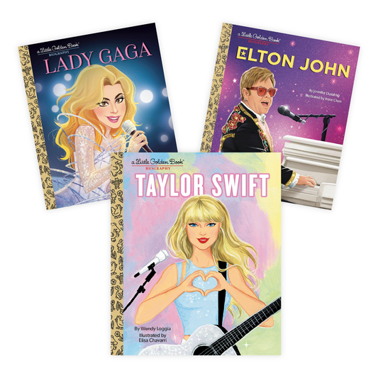 Three Little Golden Book biographies fanned out: Lady Gaga, Elton John, and Taylor Swift, each featuring illustrated portraits and gold-patterned spines