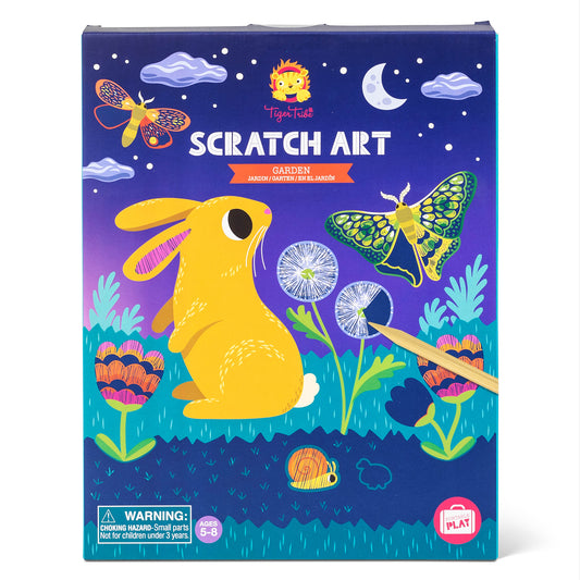Tiger Tribe Scratch Art Garden Set package featuring colorful garden scene with yellow rabbit, butterflies, flowers, and dandelions on dark blue background