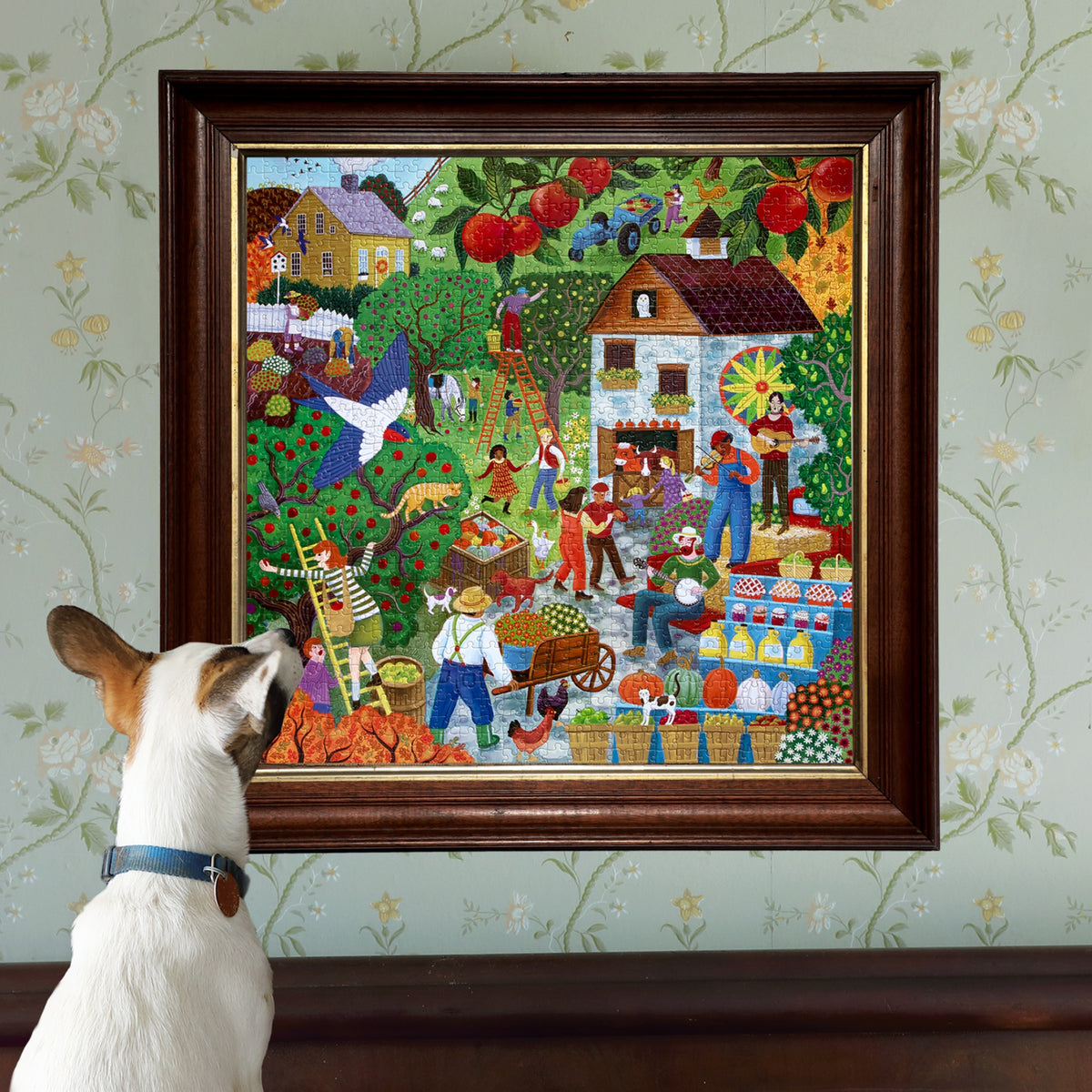 eeBoo Fall Apple Picking 1000 Piece Puzzle with colorful harvest scene and dog viewing framed artwork