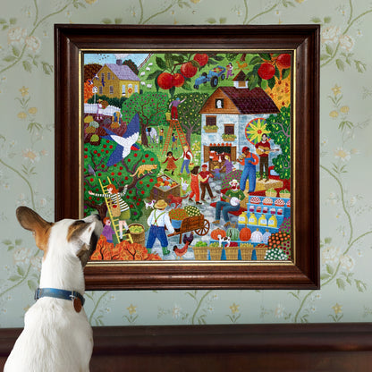 eeBoo Fall Apple Picking 1000 Piece Puzzle with colorful harvest scene and dog viewing framed artwork