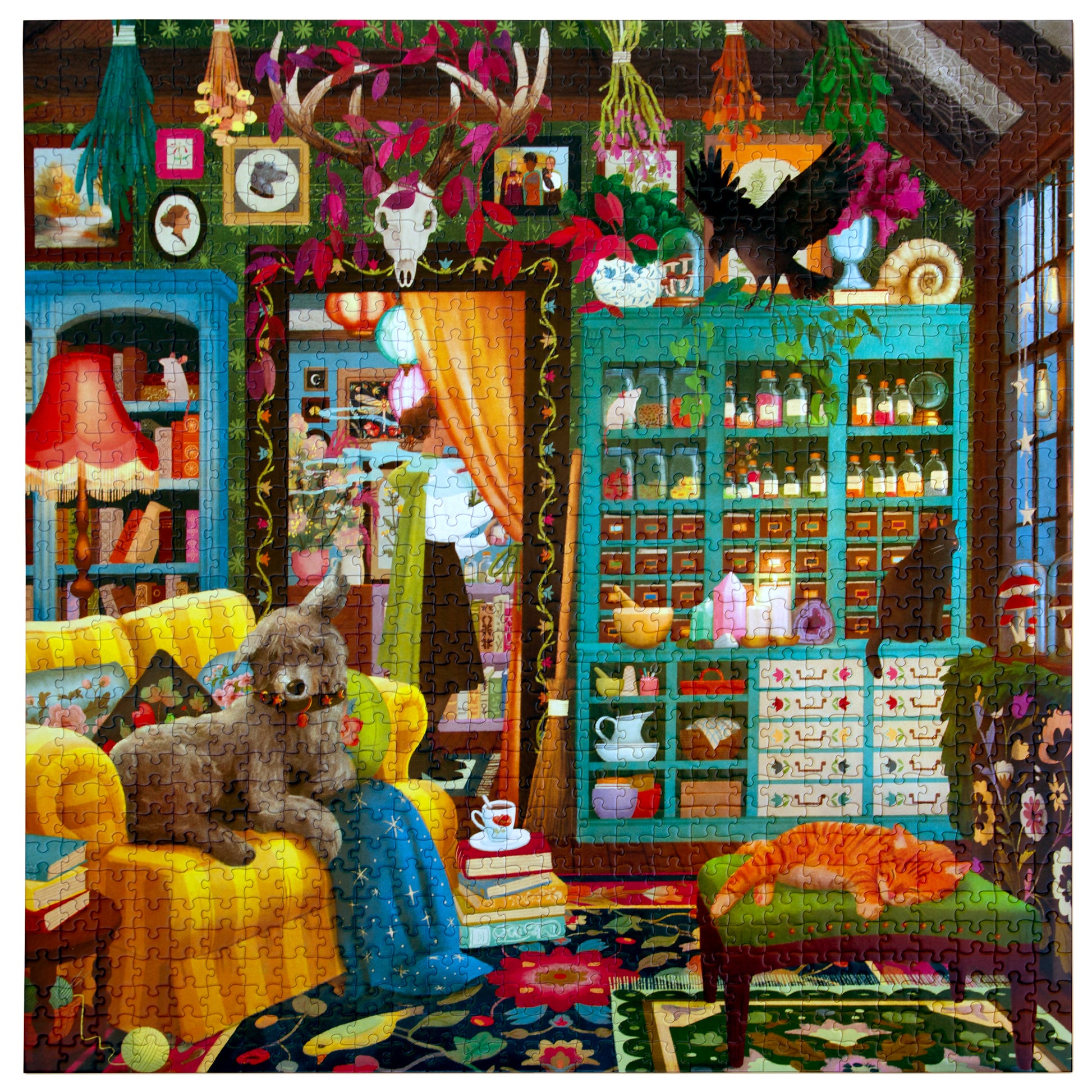 Piece&Love Sorcerer's Den 1000pc Puzzle featuring colorful whimsical room with teddy bear and magical decor