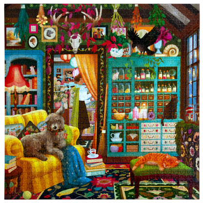 Piece&Love Sorcerer's Den 1000pc Puzzle featuring colorful whimsical room with teddy bear and magical decor