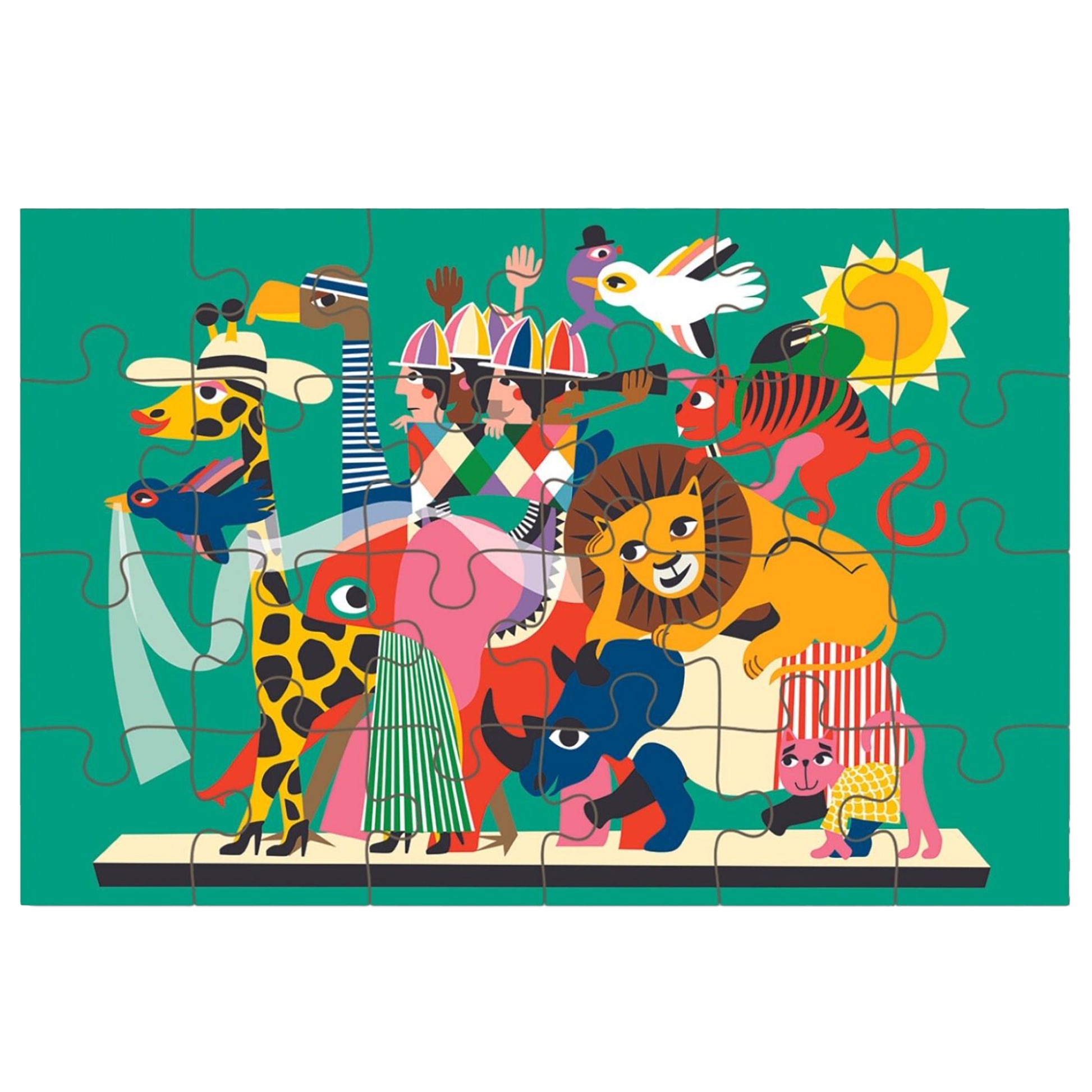 JOS 24 Piece Puzzle - Animal Carnival featuring colorful circus animals and performers on teal background