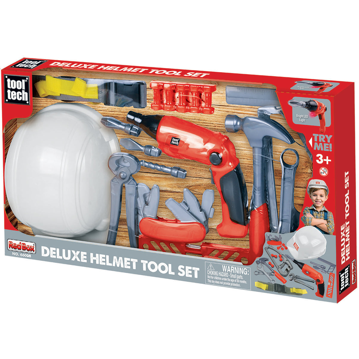 Tool Tech Deluxe Helmet Tool Set with white helmet, red powered screwdriver with LED light, and gray toy tools displa...