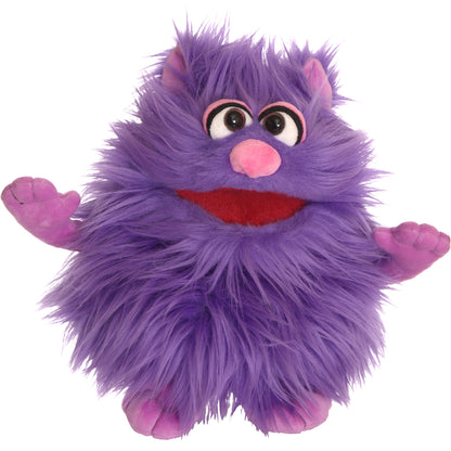 Purple plush hand puppet with spiky hair, pink nose, red mouth, large eyes with pink-rimmed circles, and pink paws