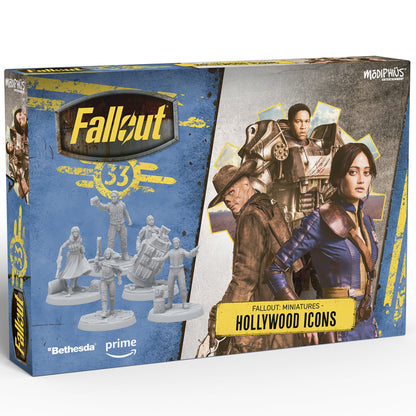 Fallout: Miniatures - Hollywood Icons box set featuring five character miniatures and scenic base on blue packaging