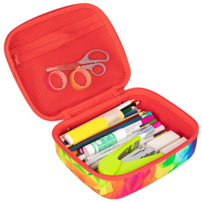 ZIPIT Jumbo Pencil Case: Rainbow with colorful rainbow design, open to show organized school supplies including penci...